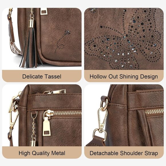 Women’s 06-coffee Leather Purse Crossbody Bag Handbags Butterfly Design - Picture 5 of 6